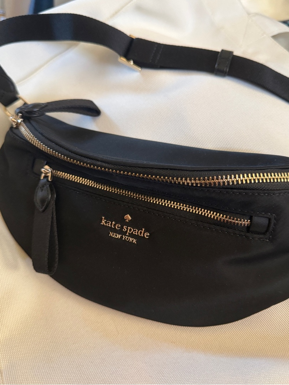 kate spade black nylon belt bag with gold logo and zippers